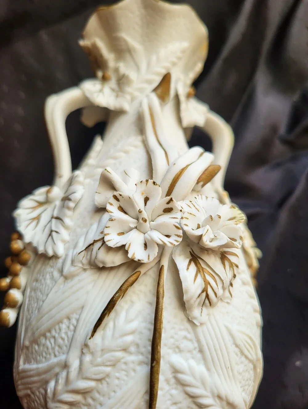Textured White Bisque Ceramic Floral 6 Inch Vase with Grapes And Wheat